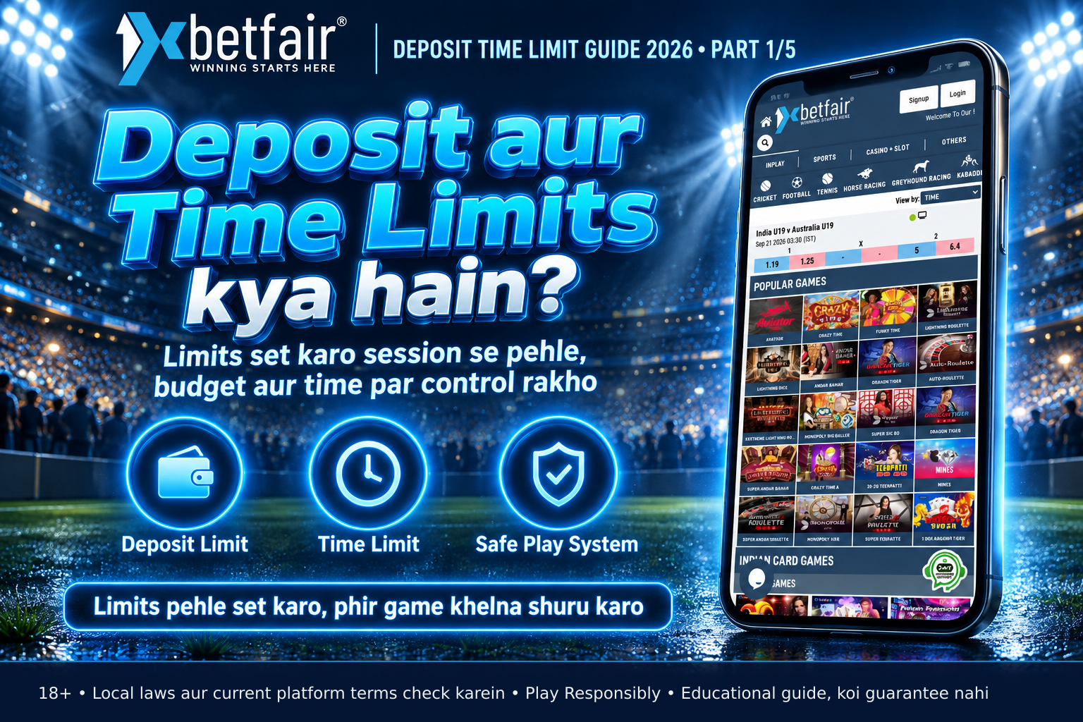 Smartphone displaying 1xbetfair app Settings menu with Deposit Limit and Time Limit options visible