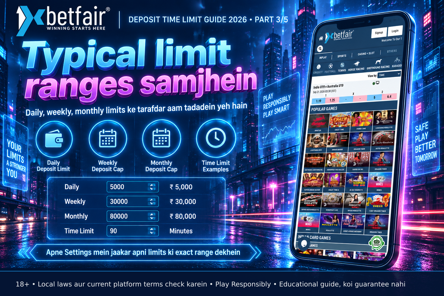 Smartphone showing 1xbetfair app Account Limits screen with sample values entered for deposit and time limits