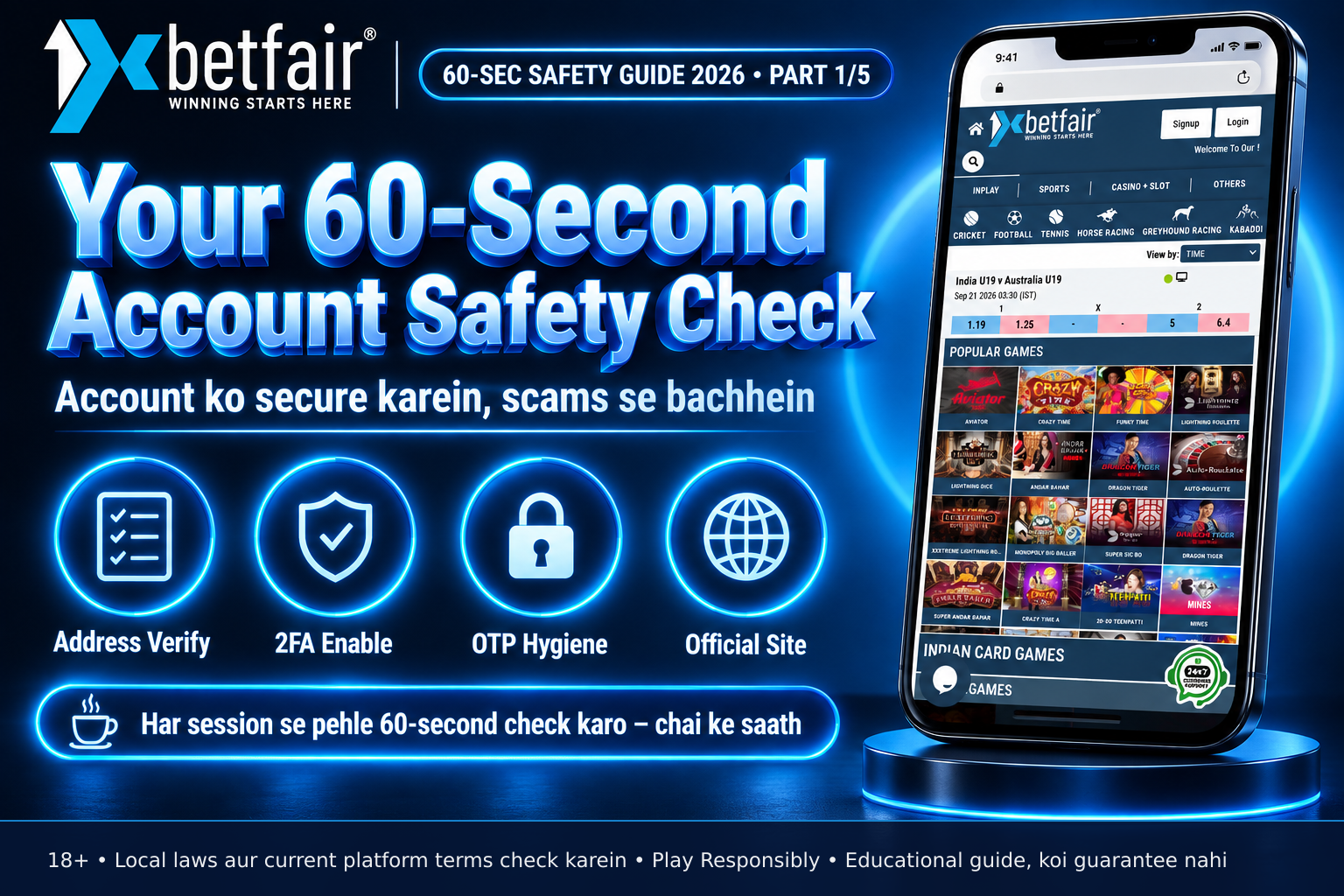 Smartphone displaying 1xbetfair.com with HTTPS padlock visible in browser address bar, representing official site verification