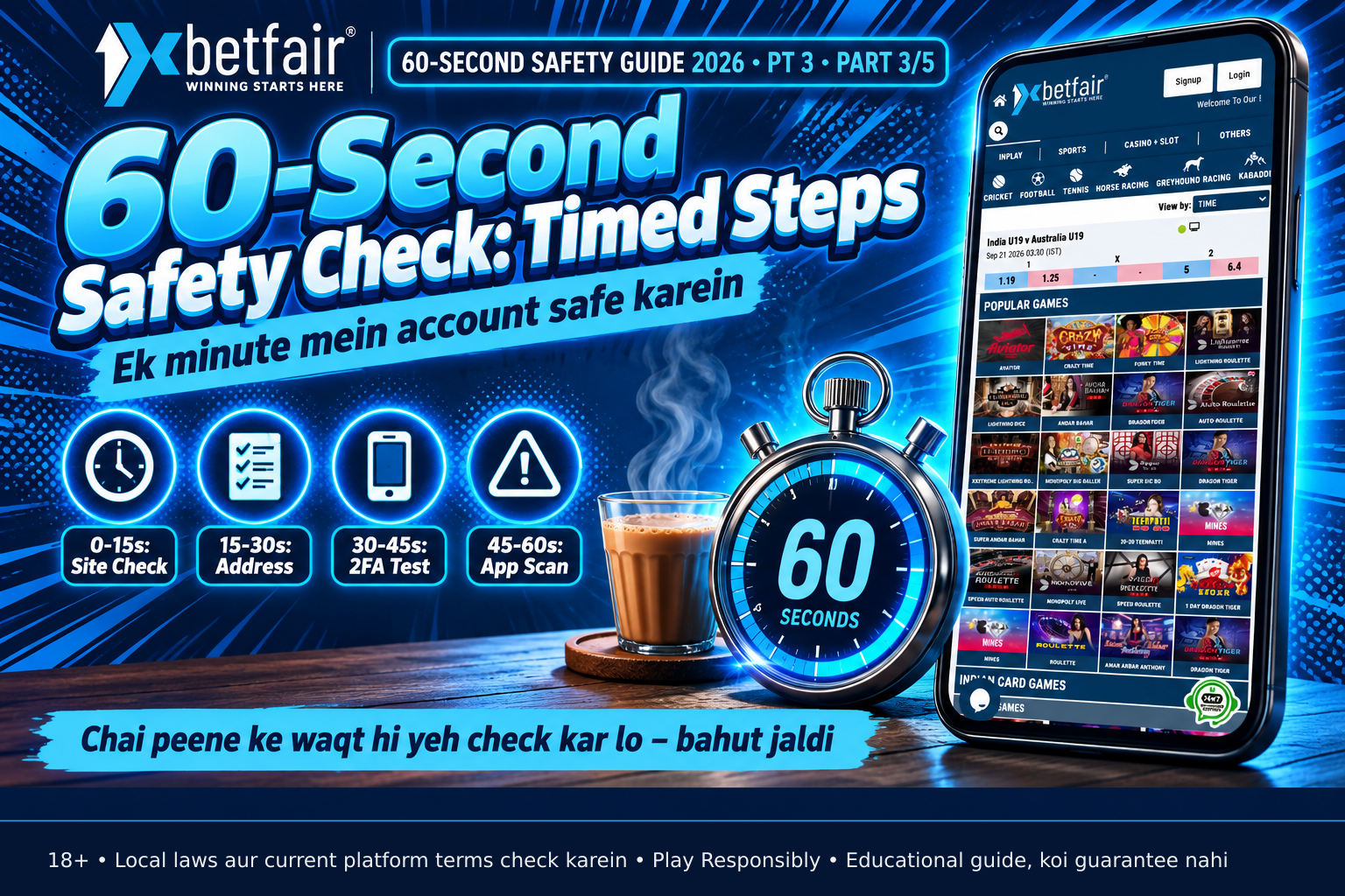 Stopwatch displaying 60 seconds alongside a tea cup, representing the time taken for the safety check during a chai break