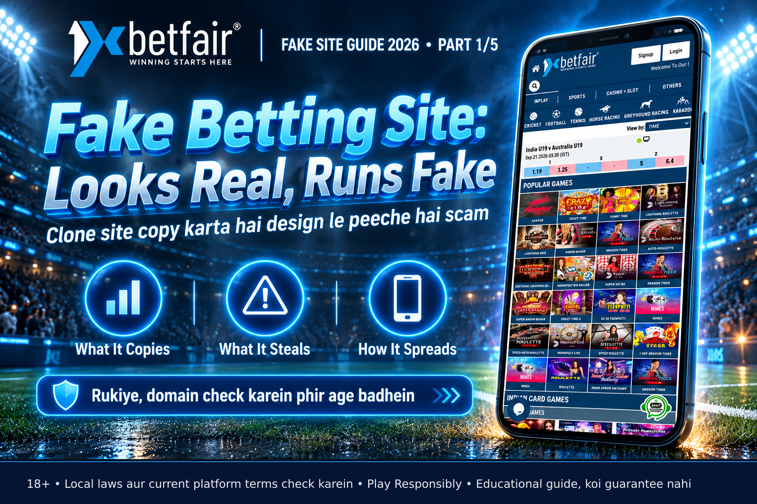 Illustration of a mobile phone displaying a betting website interface where the URL shows a misspelled domain name, indicating a potential fake site