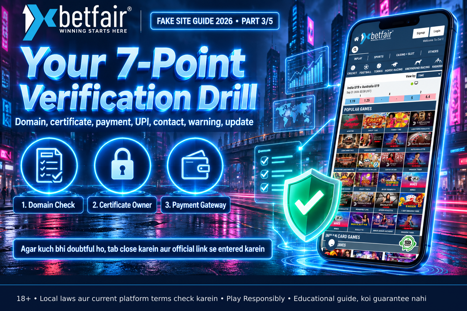 Mobile phone showing a betting website's verified interface with a security shield overlay and checklist icons confirming domain, certificate, and payment validation steps completed