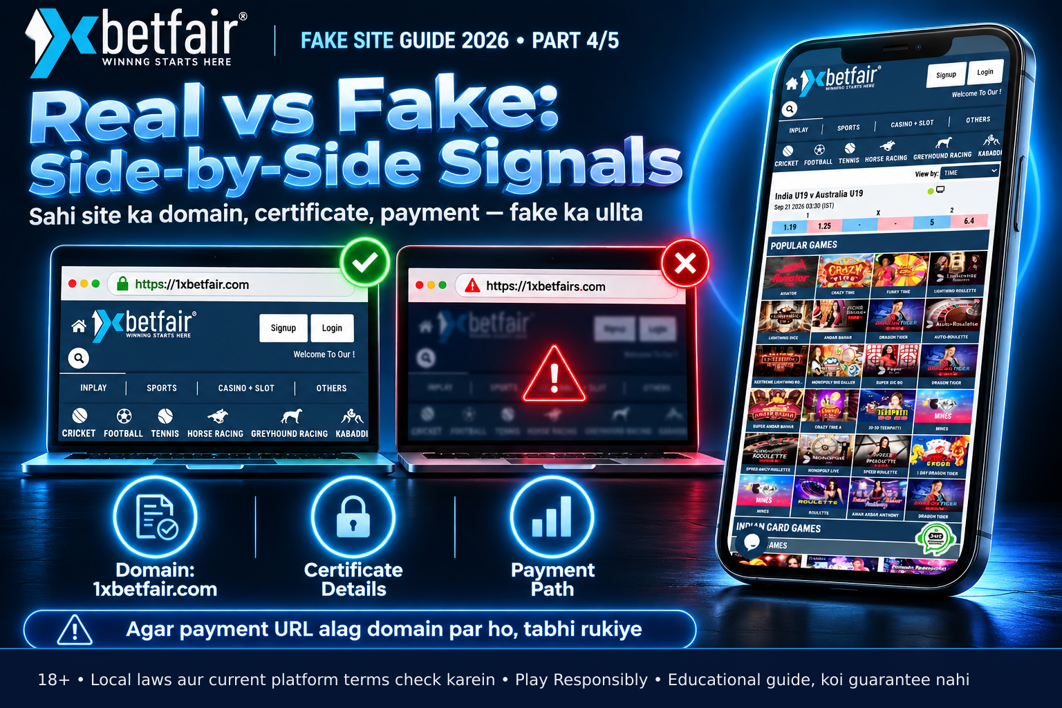 Split-screen comparison of a legitimate betting website interface versus a fraudulent clone, highlighting differences in domain name, security indicators, and payment page URLs