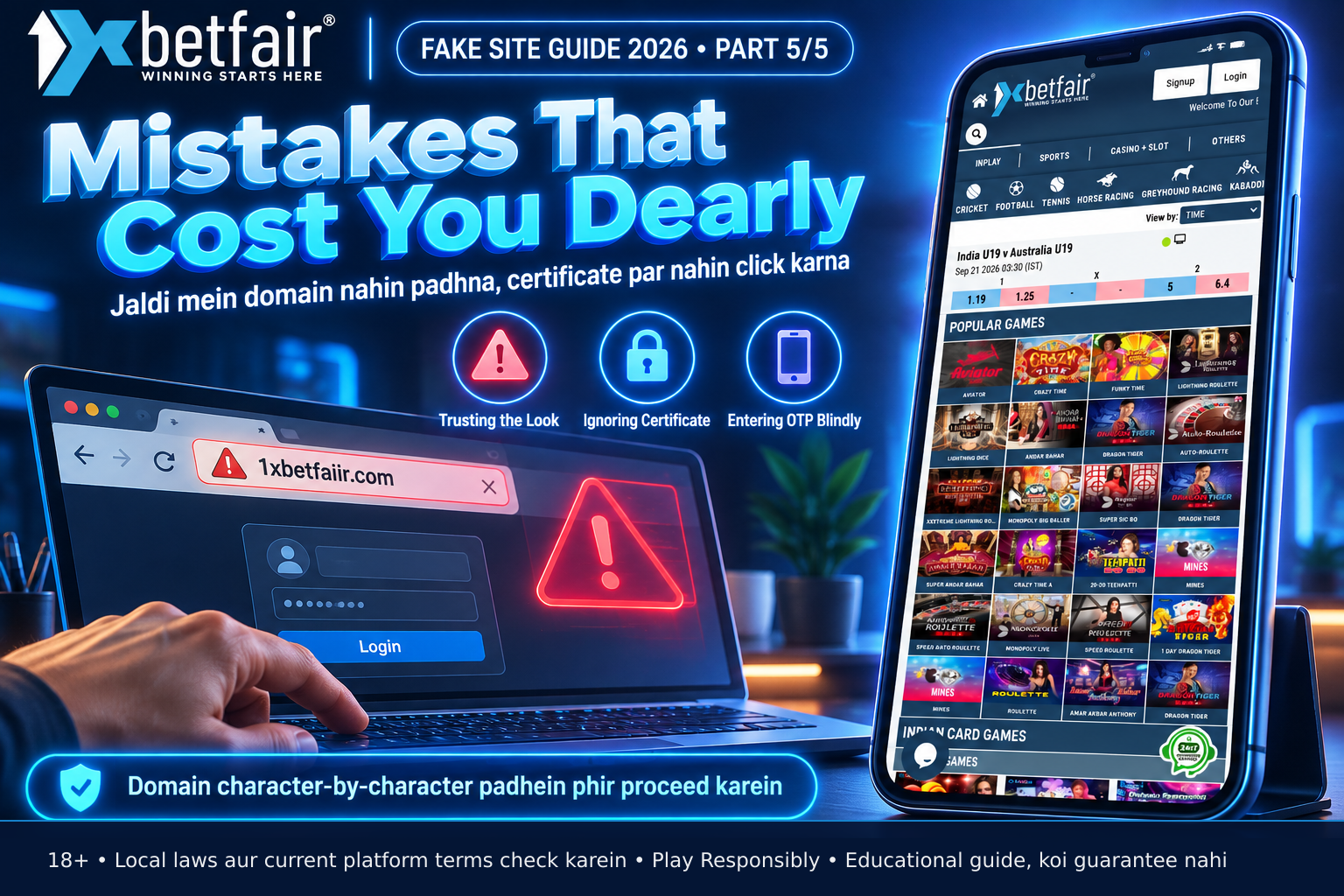 Image of a person's finger poised to enter credentials on a deceptive website login page, with the browser displaying a suspicious domain name and visual warning indicators