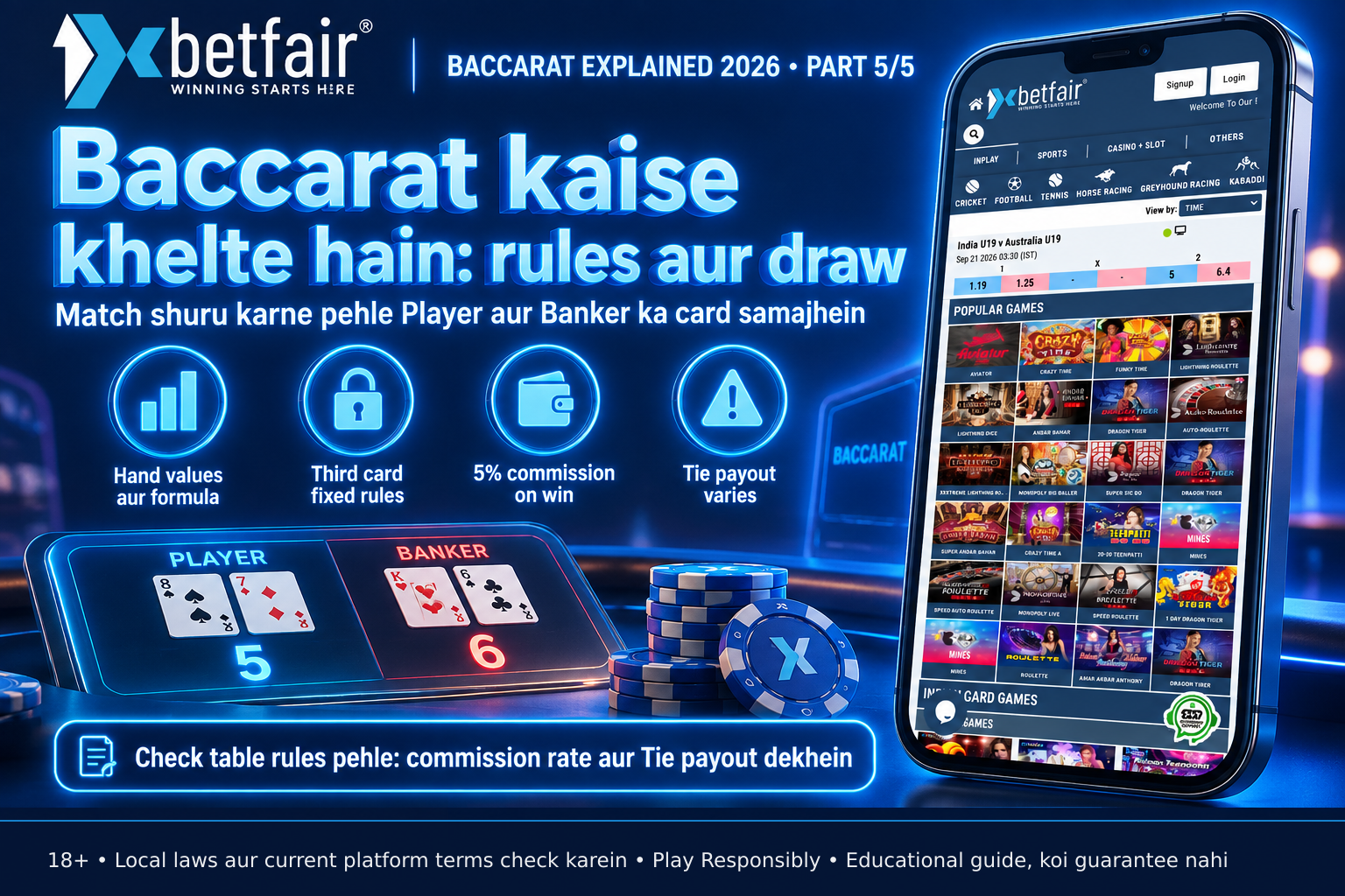 phone with baccarat scoreboard and chips, educational how-it-works angle
