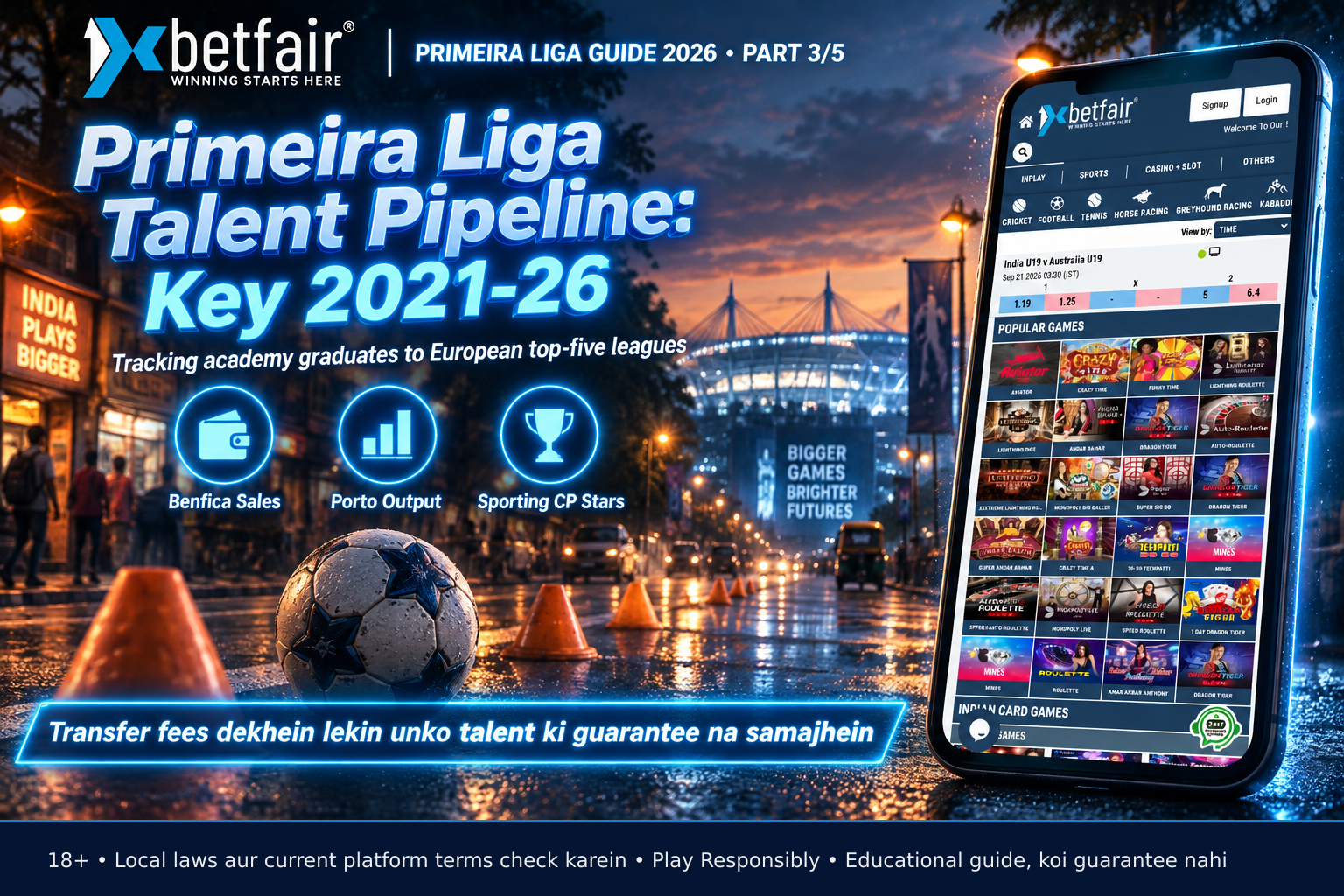 Infographic showing talent flow: football leaving Portuguese academy cones toward distant European stadium, representing player transfers to top European leagues with wallet, chart and trophy icons