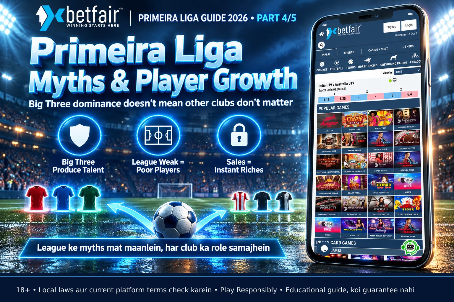 Illustration debunking myths: football dividing toward Big Three clubs and other Portuguese clubs like Braga Vitória, showing talent development happens across league with shield pitch and lock icons